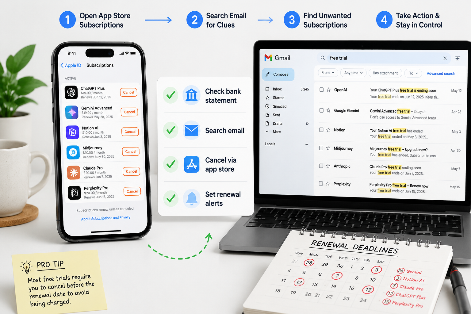 () step-by-step visual guide showing a smartphone and laptop side by side — phone displays Apple App Store subscriptions
